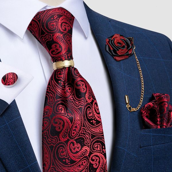 Роскошный галстук, красный, черный, с узором пейсли, мужские галстуки, свадебные аксессуары, шейный платок, запонки, булавка на лацкан, подарок для мужчин, DiBanGu 240315