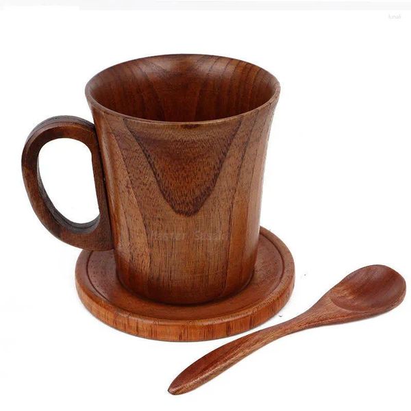 Copos pires 3 pçs/set jujuba copo de madeira artesanal de madeira natural café da manhã cerveja leite drinkware chá colher café conjunto ferramentas cozinha
