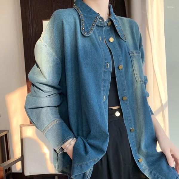 Kadın bluzları hong kong tarzı kot gömlek ceket gevşek geniş kesim zayıflama 2024 Sonbahar benzersiz tasarım algılama hırka üstü