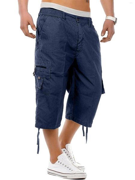 Herrenhosen Jxzom Herren Cargo-Shorts, einfarbig, entspannte Passform, Capri, Outdoor, mehrere Taschen unterhalb des Knies, Arbeit, Freizeit (Marineblau, L)