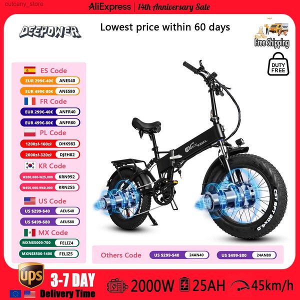 Bicicletas Ride-Ons DEEPOWER RX20MAX Mountain Ectric Bicyc 2000W Poderoso Motor Duplo Neve E-bike 48V 17AH 20inch * 4.0 Fat Tire Foldab Ebike L240319