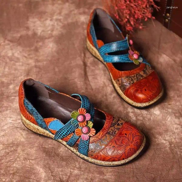 Sapatos casuais vintage floral emenda colorido costura gancho loop plana primavera verão mulheres