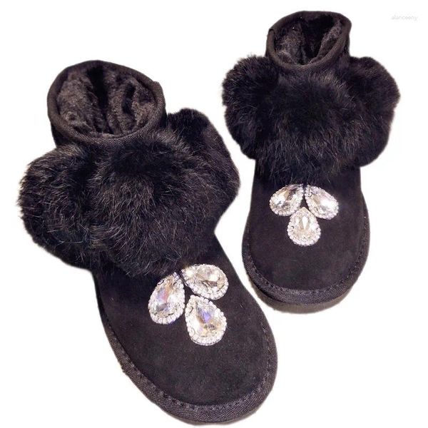 Stivali in pelle scamosciata di mucca nera caviglia da donna fatta a mano strass vera pelliccia di coniglio dolce donna neve addensare peluche scarpe invernali calde