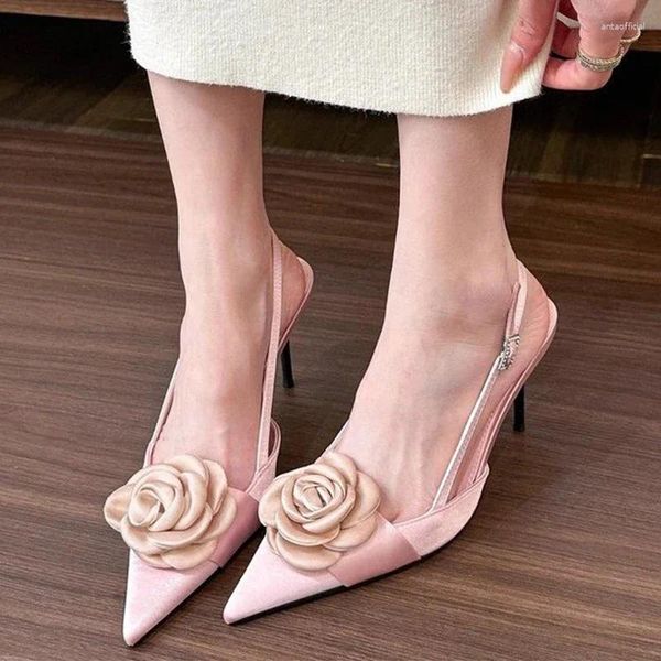 Sapatos de vestido Flor Alto Heesl Sandálias Mulheres Apontadas Toe Eleglant Chinelos Verão 2024 Moda Sexy Stilettos Mujer Slides Bombas