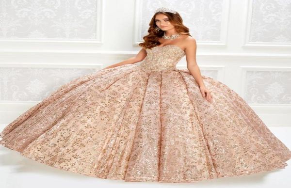 Роскошное бальное платье из розового золота Платья Quinceanera с блестками Лиф Корсет Кружевные бусины Платье для выпускного вечера с запахом Вечерние платья принцессы Laceup1007950