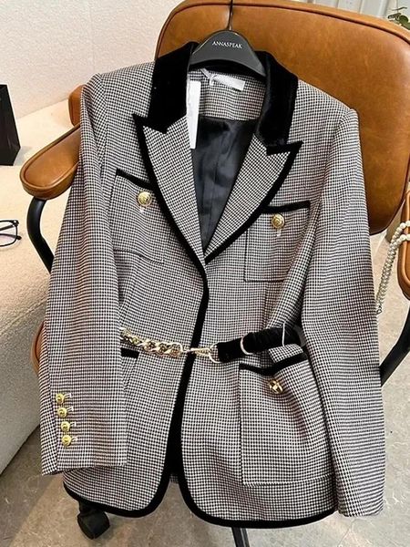 Ternos femininos yibaka moda xadrez blazer jaqueta para mulheres outono inverno 2024 coreano vintage manga longa retalhos casaco casual