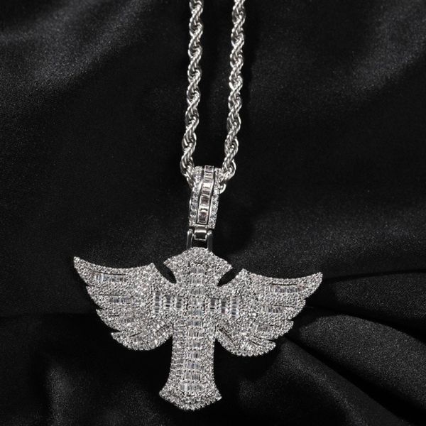Collana con ciondoli a forma di croce con ali d'angelo Hip Hop, gioielli religiosi con zirconi 5A