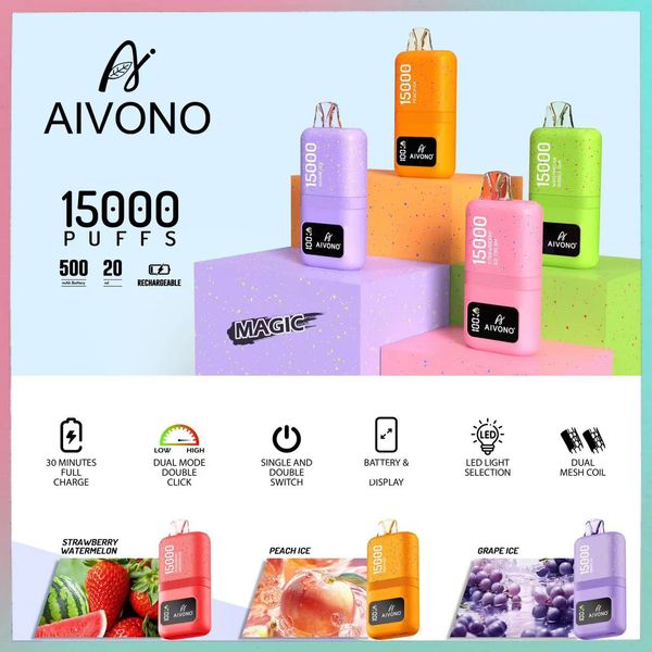 Одноразовая вейп-слойка AIVONO AIM MAGIC 15000 PUFFS вейп-ручка Одноразовые электронные сигареты Двойная сетчатая катушка Экран питания Одноразовые вейпы