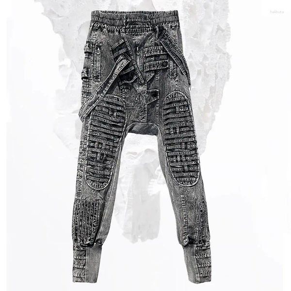 Pantaloni da uomo da uomo asimmetrici per l'industria pesante decostruiti dritti pantaloni harem casual effetto consumato grigio scuro per