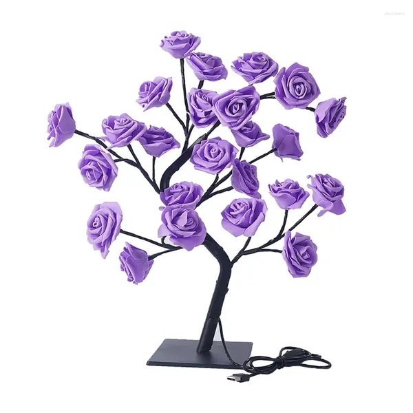 Lâmpadas de mesa LED Rose Tree Bouquet Lamp Bedside Night Light USB Powered Home Decor Presente - Roxo