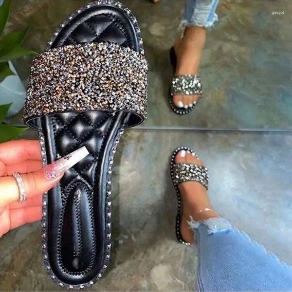 Terlik Rhinestone kadın moda plaj flip floplar parlak düz dip açık bling yetişkin sandalet ayakkabıları 43 slaytlar