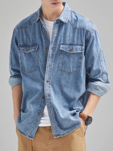 Джинсовая хлопковая мужская рубашка с длинным рукавом, черная, синяя, с заниженными плечами и карманами на пуговицах, ковбойские свободные повседневные рабочие джинсовые рубашки 240318