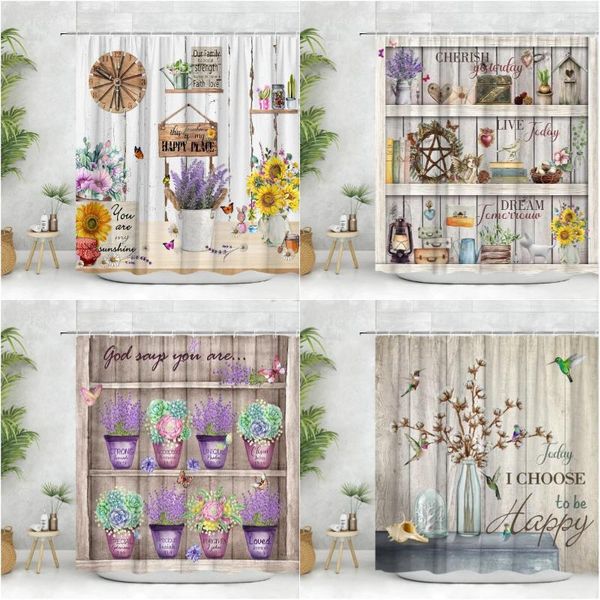 Chuveiro cortinas florais cortina primavera fazenda borboleta rústico painel de madeira aquarela caminhão vaso planta poliéster tecido banheiro decoração conjunto