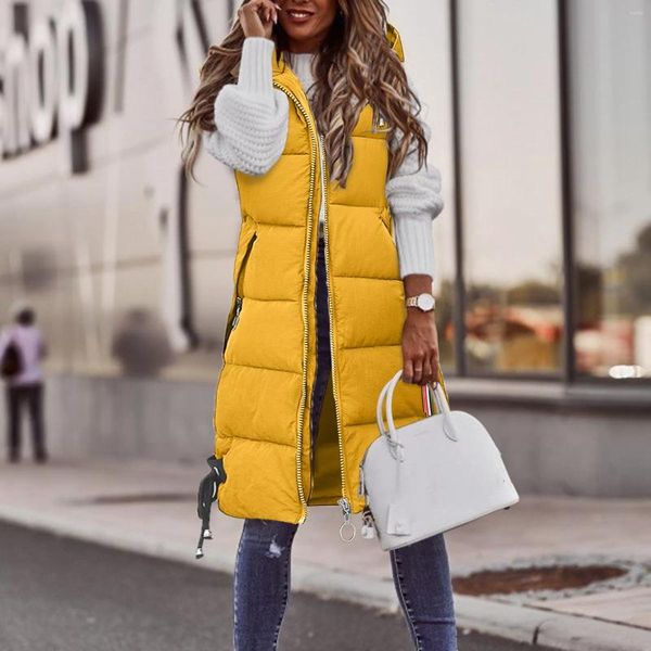 Gilet da donna Cappotto casual solido da donna Gilet con cappuccio Tasca con cerniera Giacca senza maniche ampia Giù lungo