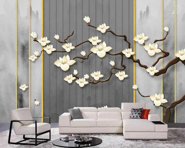 Wallpapers estilo chinês artístico orquídea flor ramo tinta pintura 3d papel de parede para sala de estar tv sofá parede quarto café