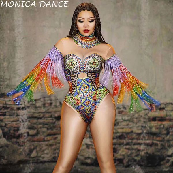 Renkli Rhinestones Fringes Leotard Kostüm Kadın Doğum Günü Prom Kutlama Kıyafet Bar Akşam Kadın Dansçı Bodysuit 240306