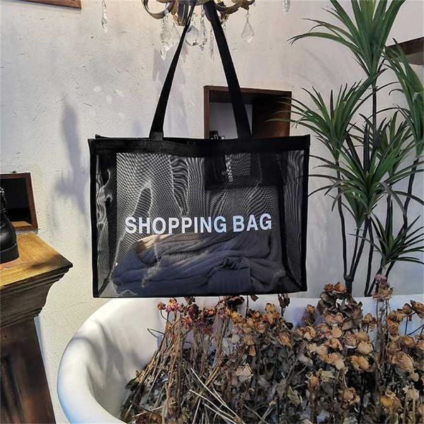 Verkauftbeutel Mesh transparent große Kapazität Einkaufstasche Mall Auto Show Reißverschluss Mesh Eins Schulter Frauen Beach Bag 240311