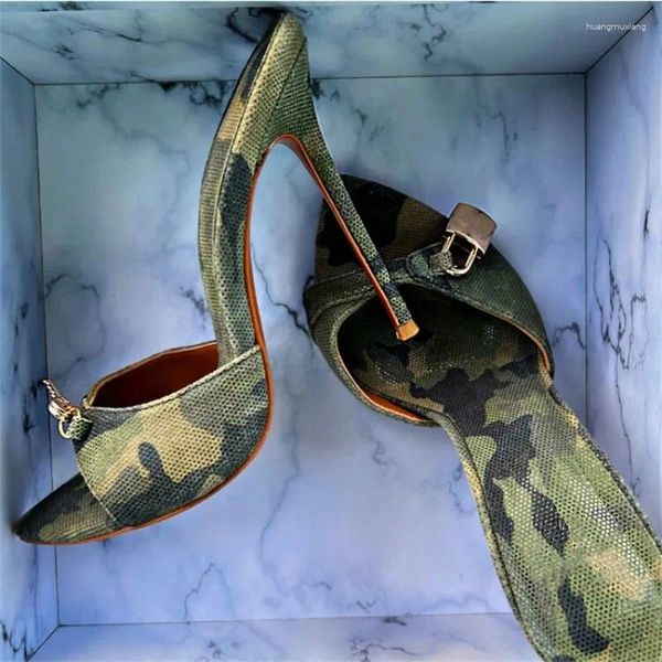 Pantofole Verde Militare Lucchetto Slim Tacchi Alti Sandali Moda 2024 Estate Europea Americana Donne Sexy Outdoor Taglia 34-45