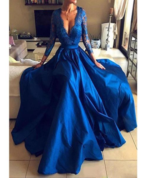 Abiti da sera scintillanti blu royal con paillettes a maniche lunghe di lusso con spacco laterale e abito da ballo con strascico staccabile lungo festa formale G9976163