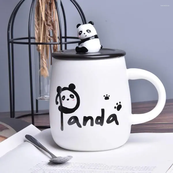 Canecas Bonito Panda Caneca Cerâmica Xícara de Café com Tampa 3D Colher Escritório Casa Casal Café da Manhã Leite Bebida Presentes de Feriado Drinkware