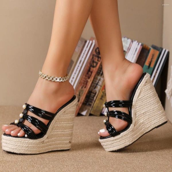 Hausschuhe Sexy Stroh Gestrickte Frauen Sandalen 2024 Einfache High Heel Schuhe Dame Keile Wasserdichte Plattform Auto Modell Rutschen 34-43