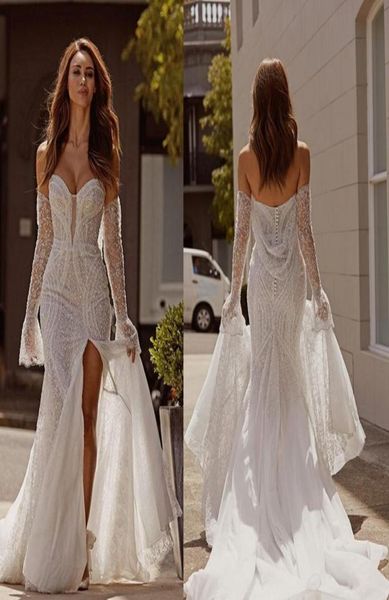 Pallas Couture Vestidos de Noiva Querida Mangas Compridas Lace Beads Lantejoulas Vestidos de Noiva Sexy Backless Sweep Train Sereia Casamento D2530068