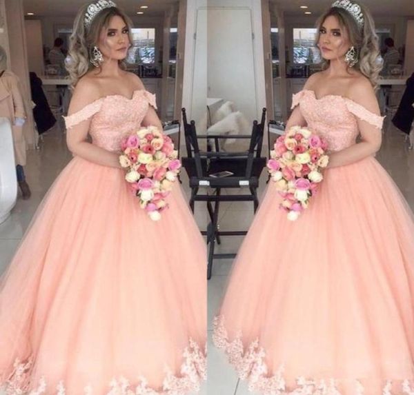 Neue Pfirsich Quinceanera Kleider Schulterfrei Applikationen Perlen Ballkleid Tüll 16 Süßes Mädchen Abendkleid Partykleider Nach Maß8631112