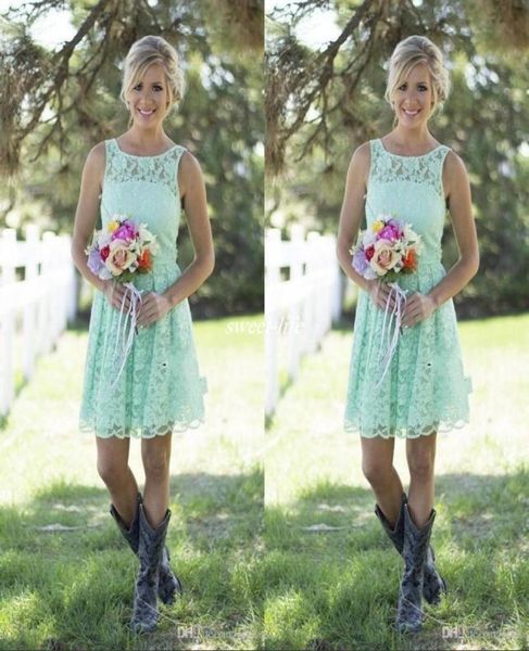 2019 Country Mint Green Lace Curto Mini Vestidos de Dama de Honra Vestido Formal Para Júnior e Adulto Dama de Honra Na Altura Do Joelho Festa de Casamento 1730068