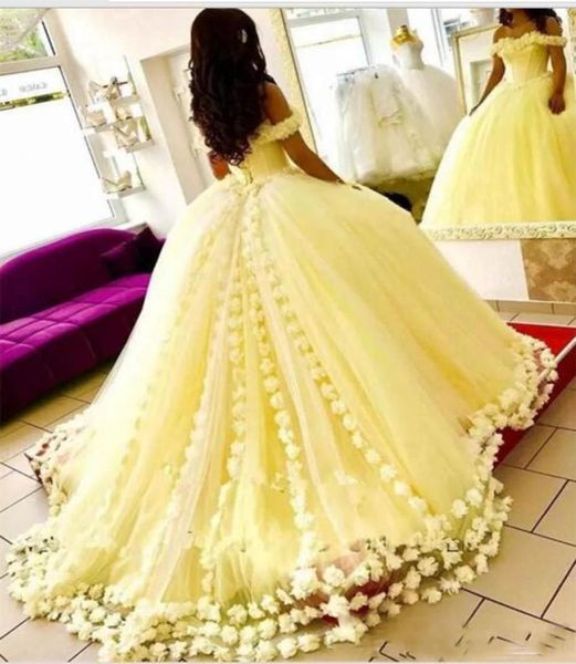 Великолепные желтые платья Quinceanera с открытыми плечами 3DЦветочные аппликации бальные платья 2019 Новое поступление Sweet 16 Dress Дешевые выпускные Dre4642330