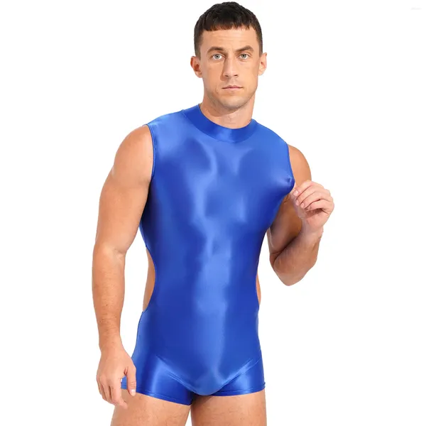 Roupa de banho feminina masculino elástico brilhante sem mangas recorte lateral volta zíper apertado bodysuit uma peça curto macacão atlético maiô