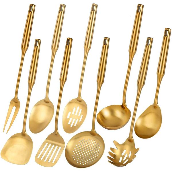 Conjunto de utensílios de cozinha dourados, Standcn 9 PCS 304 de aço inoxidável, todas as ferramentas de cozinha de metal com garfo de carne, colher sólida, concha, escumadeira, espátula com fenda, espaguete