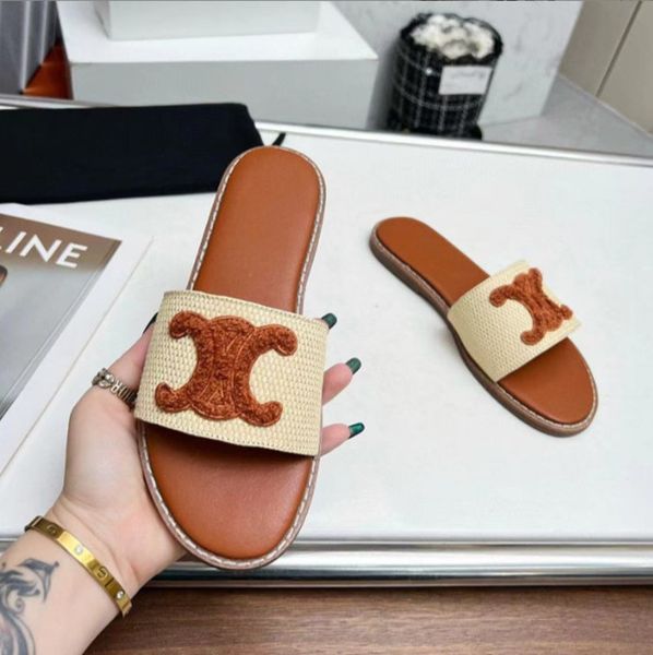 Novo estilo de palha tecer chinelos sandálias designer slide sapatos casuais mules loafer preto branco ine sexy luxo sapatos homens mulheres marrom mule sliders plana sandale presente