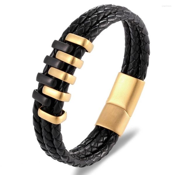 Charme pulseiras liquidação venda punk preto trançado couro multicamadas homens pulseira jóias de aço inoxidável fivela magnética moda pulseiras