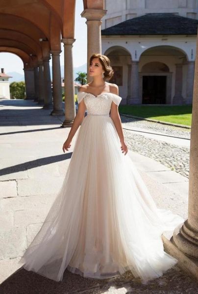 2020 sexy uma linha verão boêmio praia vestidos de casamento fora do ombro rendas apliques contas espartilho volta plus size tule formal nupcial1196058