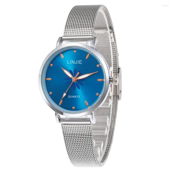 Relógios de pulso de prata mulheres 2024 moda relógios minimalista flores senhoras simples malha de aço inoxidável mulher relógio de quartzo