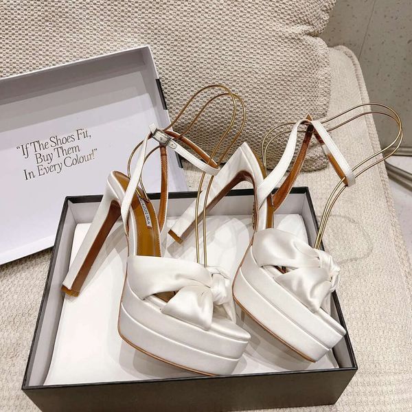 Aquazzura Cupido Branco Cetim Plataforma Sandálias de Designer com Tira no Tornozelo Bloco de Salto Feminino Luxo Bombas de Salto Alto Couro Festa de Noite Sapatos de Casamento Calçados de Fábrica