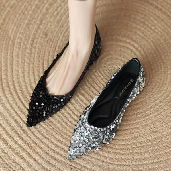 Flats Flats Bling Boat Shoes Ponto Point Slip On Glitter Ballet Flats Black Silver Spring Shoes Autumn Shoes para feminino Novo 1670N