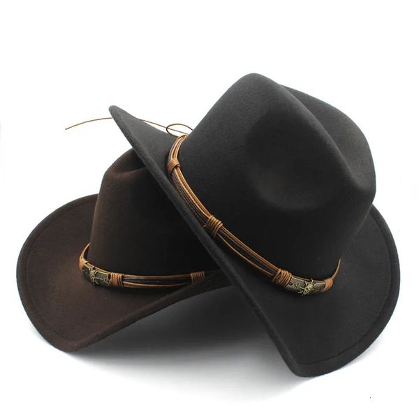 Chapéu de vaqueiro ocidental oco de lã masculina da moda com cinto de deus do sol Cowgirl Jazz Toca Sombrero Godfather Cap Tamanho 56-58cm 240314