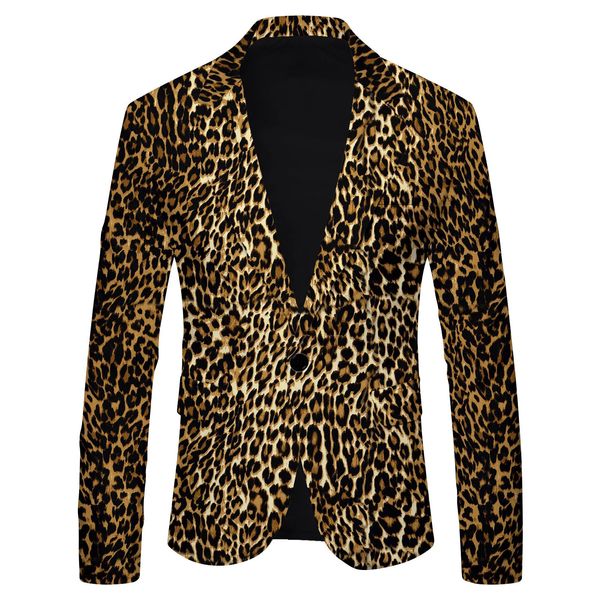 Leopardo impressão terno jaqueta masculina fino ajuste casual moda britânica blazers casaco de manga comprida jaqueta dj festa wear 240313