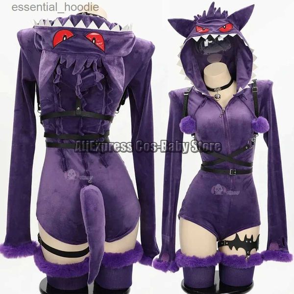 Cosplay Anime Trajes Kaii macacão uniforme cavalheiro role-playing sexy coelho menina roxo com capuz apertado terno cauda conjunto Halloween womenC24321