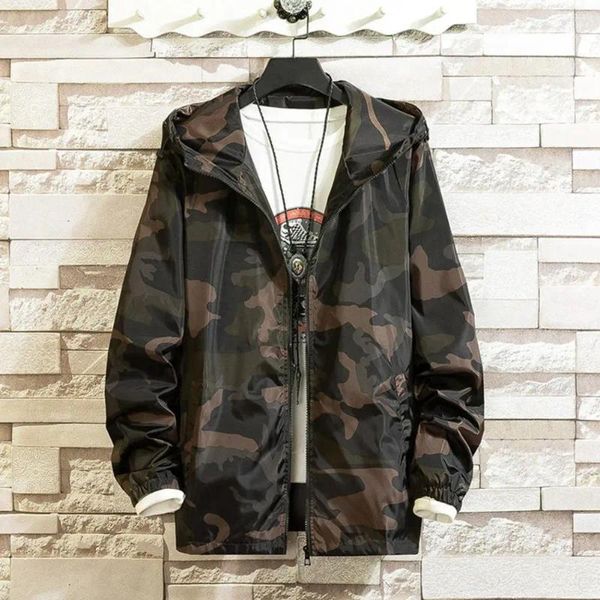 Jaquetas masculinas homens com capuz outerwear estilo hip hop camuflagem jaqueta com capuz zíper placket coreano streetwear casaco bolsos