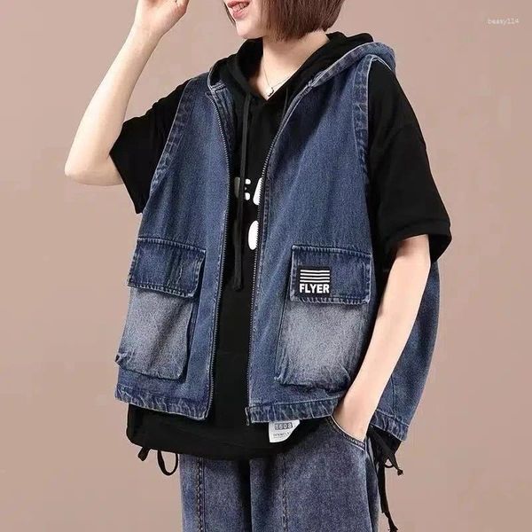 Coletes femininas casuais com capuz denim colete mulheres vintage solto sem mangas jean jaquetas primavera e outono streetwear bolso cowboy tops t054