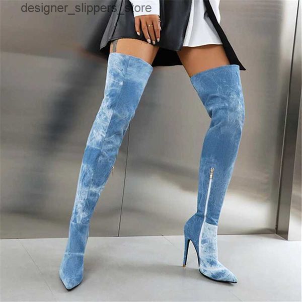 Stiefel Tie-Dyed Denim Splicing Super High Thin Heels Seitlicher Reißverschluss Damenstiefel Mischfarbe Spitzschuh Street Style Lady Oberschenkelhohe Stiefel Q240321