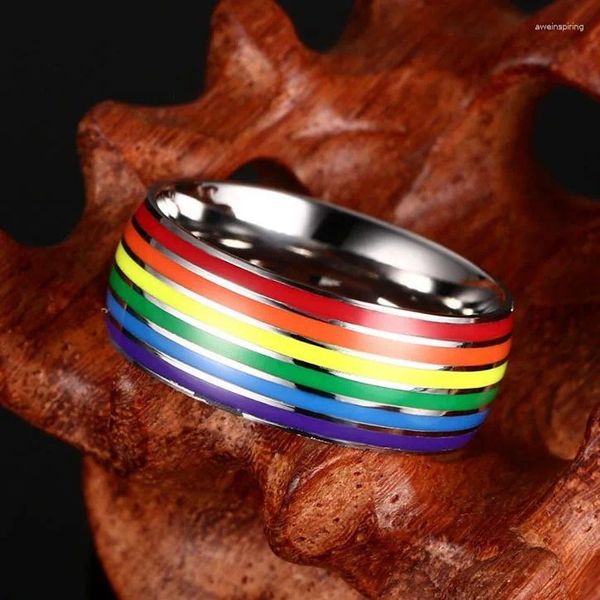 Anelli a grappolo Anello arcobaleno a sei colori Acciaio al titanio Olio multicolore che gocciola Personalità gay Dito indice da uomo Regalo di gioielli di moda