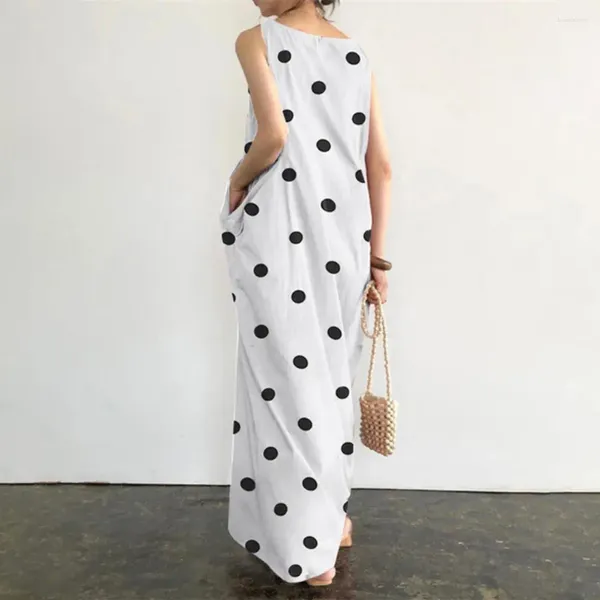 Abiti casual Abito taglie forti Maxi estivo con stampa a pois O collo Tasche grandi per donna Abbigliamento da spiaggia morbido alla caviglia sciolto