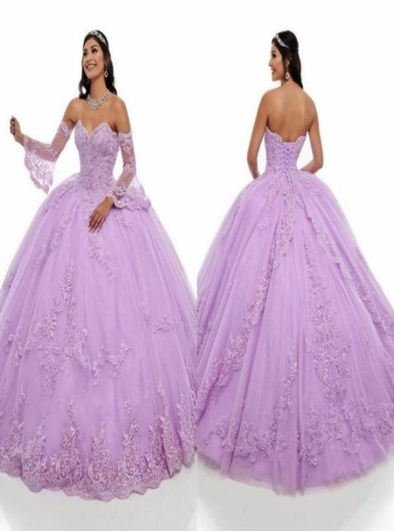 Puffy Lilac Juliet Manga Longa Quinceanera Vestidos 2021 Bordado Renda Frisada Strass Camadas Doce 16 Vestido Vestidos De Prom 6938686