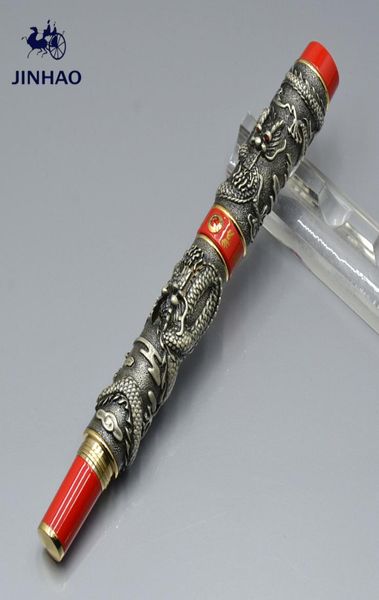 Penna JINHAO di lusso per marca Penna a sfera con rilievo doppio drago grigio con forniture per ufficio aziendale che scrive penne in metallo liscio 1399941