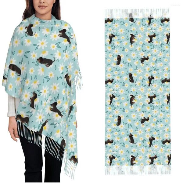 Sciarpe Sciarpa da donna con nappa Floreale Margherita Bassotto Lungo inverno Scialle caldo Avvolgere Cane Carino Doxie Abbigliamento quotidiano Cashmere