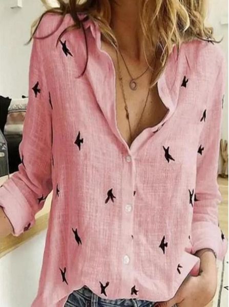 Casual manga longa pássaros impresso camisas soltas mulheres blusas de linho de algodão topos vintage streetwear plus size 5xl4707049