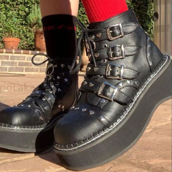 Сандалии 2021 Женские мотоциклетные ботинки круглой ноги на Zip Med Hel Black Angle Boots Платформа Женские пинетки Большой 50 модных ботинков моды